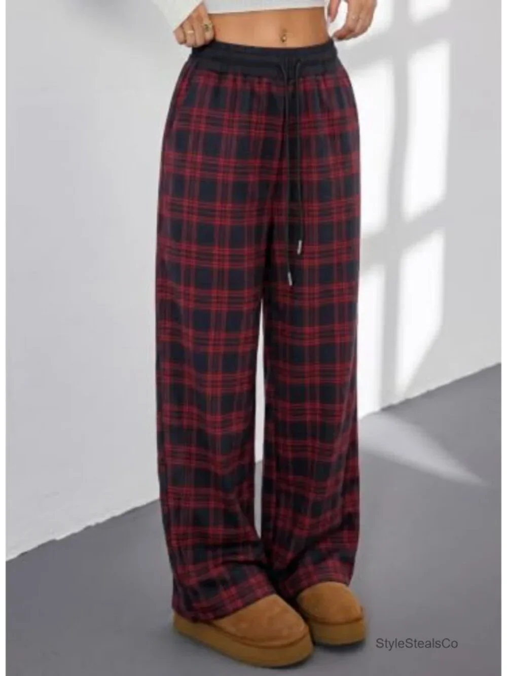 Wide Leg Sweatpants with Pockets Plaid Lounge Pants High Waisted Drawstring